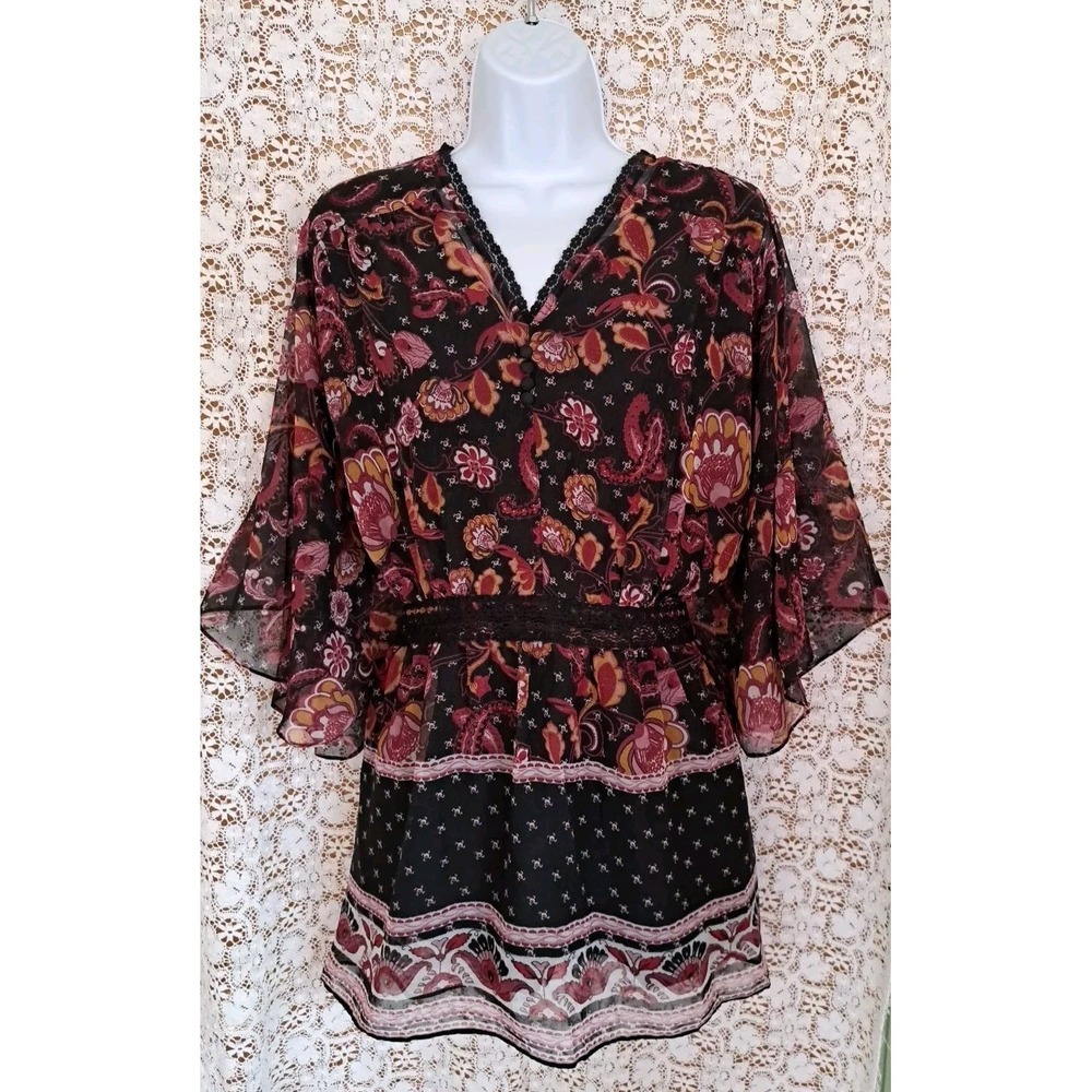 Only Necessities Top L Dark Floral Print Sheer Overlay Waist Defying Boho Fairy